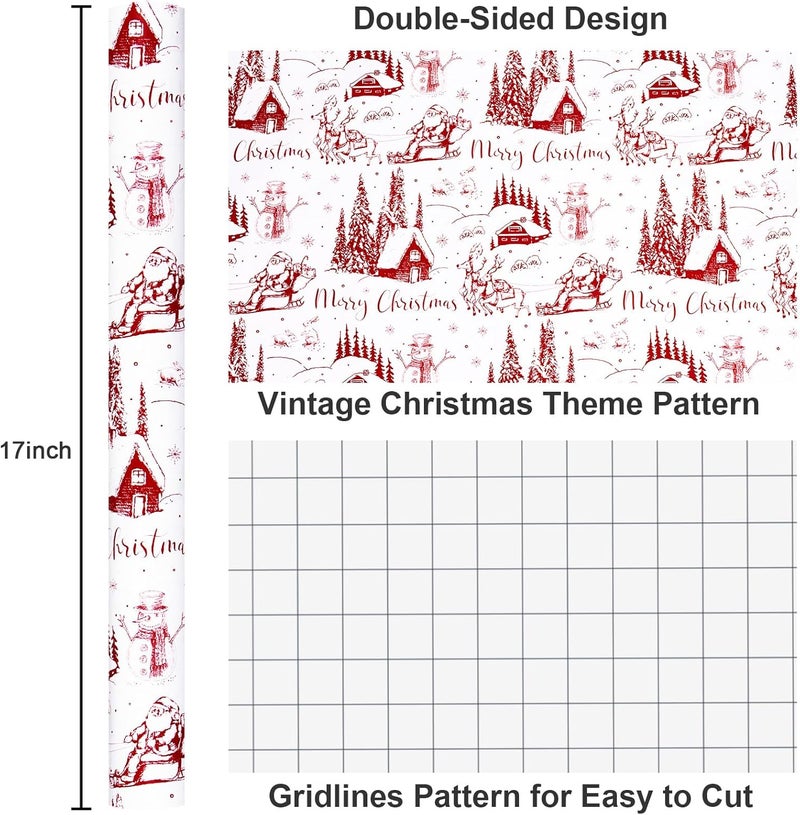 Yarcony Vintage Christmas Wrapping Paper, Christmas Toile Wrapping Paper Vintage Inspired Red with Classic Santa, Deer Design for Holiday, Gift Packaging, Winter Celebrations (17 Inch X 33 Feet) - Image 3